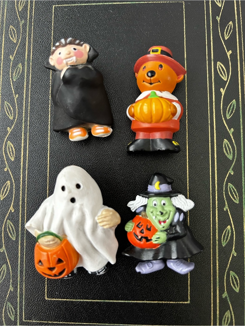 Set of 4 Vintage Hand-Painted Holiday Pins Vampire Witch Ghost Bear Halloween